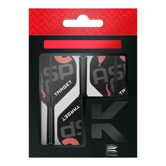 Système de flèche standard Target K-Flex Nathan Aspinall n° 2 Auf dem Bild ist eine Verpackung mit Dart-Flights und Schäften der Marke Target zu sehen. Die Verpackung ist überwiegend schwarz mit roten und weißen Akzenten gestaltet.