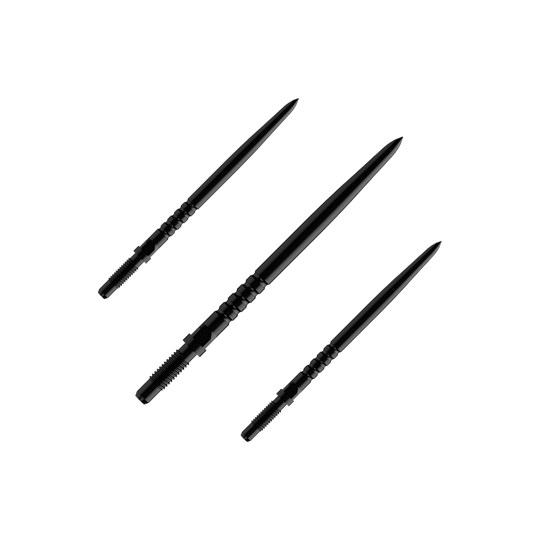 Pointes de fléchettes convertibles Bulls NL - Grip annelé - Noires Das Bild zeigt eine Verpackung mit mehreren Dartspitzen. Es sind BullsNL Convertible Points mit Ringed Grip in Schwarz, 32mm im 1er Set abgebildet.