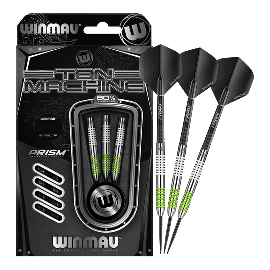 Das Bild zeigt das Set der Winmau Ton Machine Steeldarts in voller Ansicht. Diese Steeldarts sind ideal für Dartliebhaber.