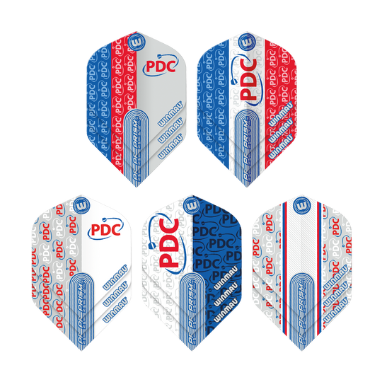 Collection de vols Winmau PDC Prism Das Bild zeigt die "Winmau PDC Prism Flight Collection" mit fünf unterschiedlichen Dart-Flights. Die Flights sind in den Farben Blau, Rot und Weiß gehalten und mit den Logos "PDC" und "Winmau" bedruckt.