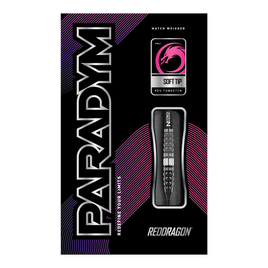 Fléchettes souples Red Dragon Paradym Torpedo - 20 g Das Bild zeigt die Verpackung der Red Dragon Paradym Torpedo Softdarts mit einem Gewicht von 20g. Auf der Verpackung sind ein Dartpfeil, das Red Dragon Logo und moderne Designelemente in Schwarz, Pink und Lila zu sehen.