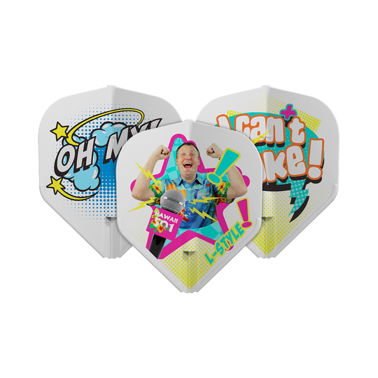 Vols blancs Wayne Mardle Type B L1EZ de style L Das Bild zeigt drei Dartflights mit bunten, auffälligen Designs und Comic-Schriftzügen. Auf einem Flight ist ein jubelnder Mann abgebildet, während die anderen Sätze wie "OH MY!" und "I can't take!" zeigen.