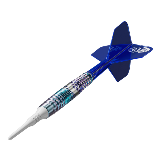 Fléchettes souples Target Japan Cathy Leung Charis GEN5 - 19 g Das Bild zeigt einen Softdart mit einem silber-blauen, metallischen Schaft und einer weißen Spitze. Die Flights am Ende des Darts sind blau und tragen ein weißes Logo.