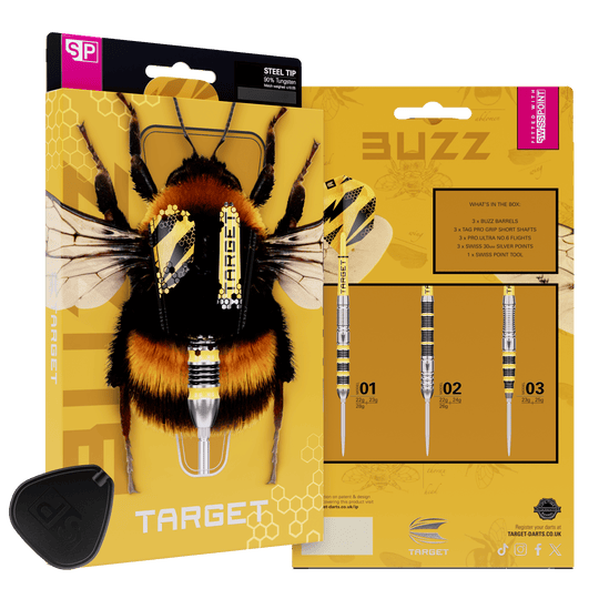 Fléchettes en acier Target Buzz 03 Swiss Points Hier sind die Target Buzz 03 Swiss Points Steeldarts abgebildet. Die Steeldarts überzeugen mit hoher Qualität.