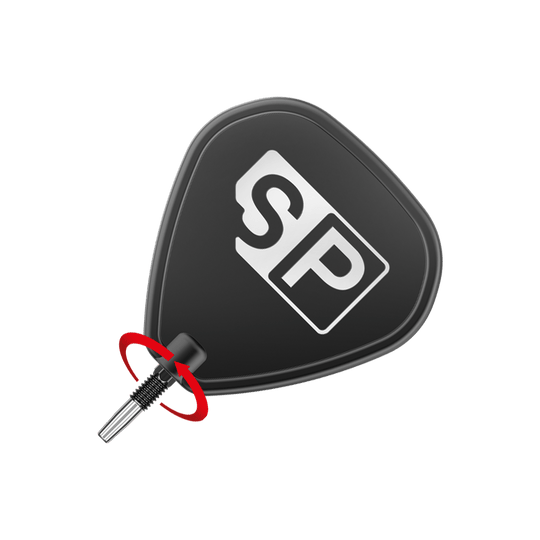 Pointes de fléchettes Target Swiss Point Chrono - Noires Das Bild zeigt eine schwarze Dartspitze mit dem weißen Logo "SP" darauf. Eine rote Pfeilmarkierung deutet eine Drehbewegung zum Anbringen oder Entfernen der Spitze an.