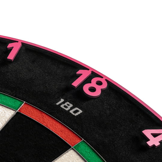 Cible de fléchettes Precise 180 Endorphine Steel avec anneau numéroté - Rose cyber Gezeigt wird das Precise 180 Endorphine Steeldartboard mit Nummernring in Cyber Pink. Das Dartboard ist ideal für Turniere oder den Heimgebrauch.