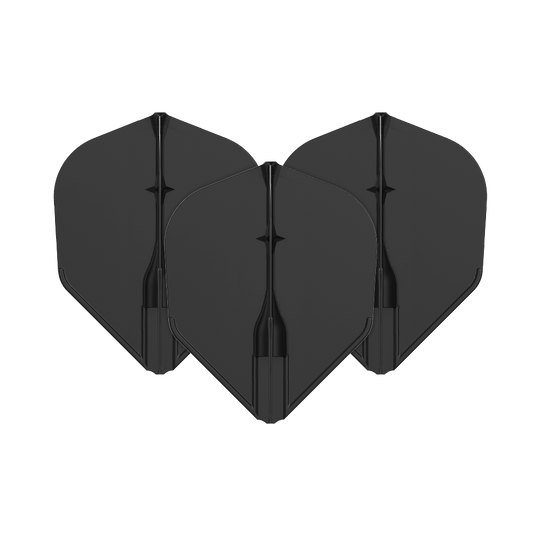 Vols L-L-Style3EZ Auf dem Bild sind drei schwarze Dartflights zu sehen. Sie sind in einer Reihe angeordnet und haben eine klassische Form.