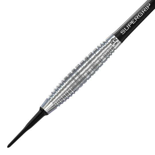 Fléchettes souples Harrows NX90 Bomb Das Bild zeigt einen Harrows NX90 Bomb Softdart. Der Dart hat eine silberne, geriffelte Metallspitze und einen schwarzen Schaft mit der Aufschrift "SUPERGRIP".