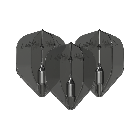 Ailettes L-Style Fantom L3EZ transparentes et noires Das Bild zeigt drei schwarze, transparente Dart-Flights des Modells "L-Style Fantom L3EZ". Auf den Flights ist der Schriftzug "L-style" zu sehen.