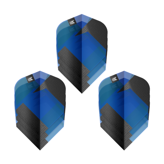 Ailettes standard Target Pro Ultra TAG bleues Ten-X - 3 jeux Das Bild zeigt drei blaue und schwarze Dart-Flights mit geometrischem Muster. Es handelt sich um das Produkt "Target Pro Ultra TAG Blau Ten-X Standard Flights - 3 Sets".