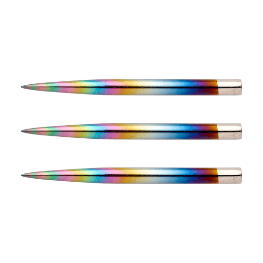 8378_Winmau_Rainbow_Steeldart_Spitzen_32mm_1 Das Bild zeigt drei bunte Steeldartspitzen in Regenbogenfarben. Die Spitzen sind gerade und 32 mm lang.