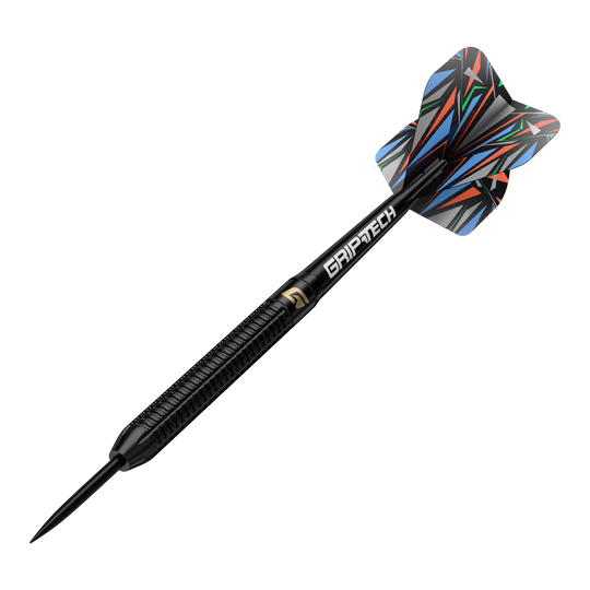 Fléchettes en acier GOAT Athlete en laiton noir - 13 g Dies ist der GOAT Athlete Black Brass Steeldart mit einem Gewicht von 13g. Der Dart hat ein schwarzes Design mit buntem Flight und der Aufschrift "GRIPTECH".