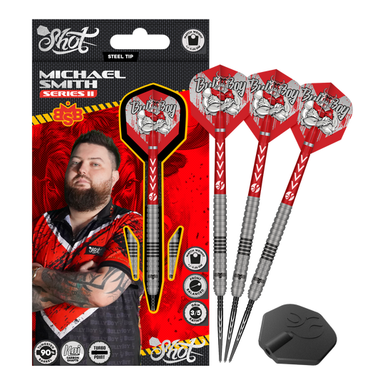 Fléchettes en acier Michael Smith Series 2 Turbo Point Das Bild zeigt die Shot Michael Smith Series 2 Turbo Point Steeldarts. Es sind hochwertige Steeldarts, die für den professionellen Gebrauch geeignet sind.