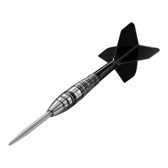 Fléchettes en acier Target Japan Black Marque PW 2 SP Das Bild zeigt einen hochwertigen Steeldartpfeil mit schwarzem Flight und silbernem, gerilltem Barrel. Es handelt sich um das Produkt "Target Japan Black Marque PW 2 SP Steeldarts."