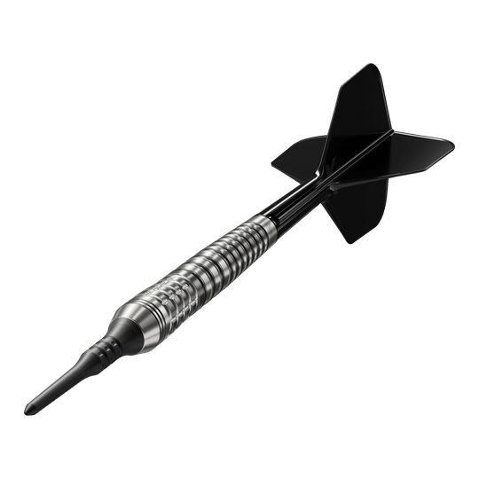 Fléchettes souples Target Japan Black Marque Renegade 4 - 19 g Das Bild zeigt einen Softdartpfeil mit schwarzer Spitze und schwarzen Flights. Es handelt sich um das Modell "Target Japan Black Marque Renegade 4 Softdarts - 19g".