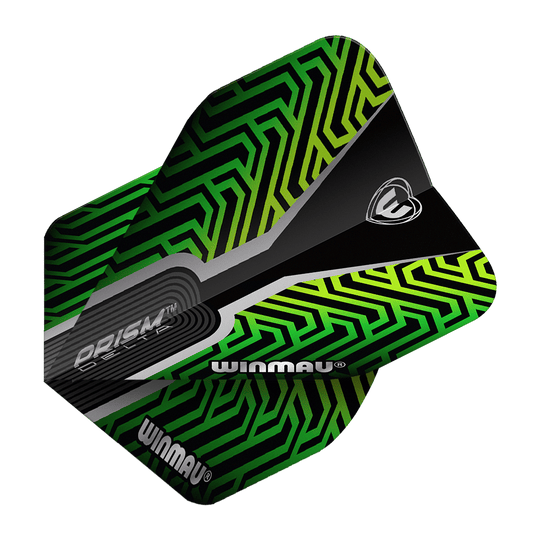 Vols standard Winmau Prism Delta Kairos n°2 Vert Das Bild zeigt ein Dartflight des Modells "Winmau Prism Delta Kairos No2 Standard" in Grün. Das Flight hat ein auffälliges, geometrisches Muster in Grün- und Schwarztönen mit dem Winmau-Logo.