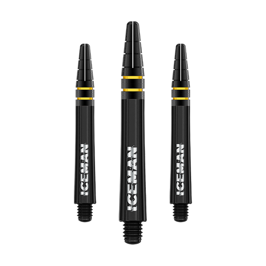 Das Bild zeigt drei schwarze Dartschäfte mit goldenen Ringen und der weißen Aufschrift "ICEMAN". Es handelt sich um das Produkt "Red Dragon Nitrotech Gerwyn Price Shafts Schwarz - 39mm".
