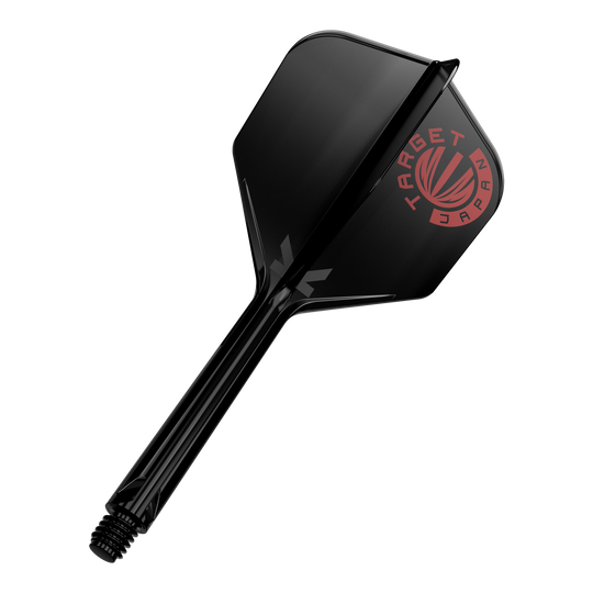 Target Japan K-Flex Original Logo Rouge Noir No6 Système d'arbre de vol Das Bild zeigt einen schwarzen Dartshaft mit einer schwarzen Dartflügelfeder. Auf der Feder ist ein rotes Logo mit der Aufschrift "TARGET JAPAN" zu sehen.
