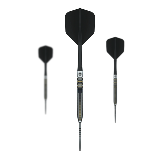 Fléchettes en acier Caliburn V-Series V2 Abgebildet ist ein Set Caliburn V-Series V2 Steeldarts. Die Pfeile sind für präzises Dartspielen konzipiert.