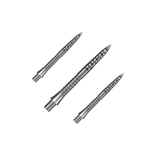 Embouts de fléchettes Mission Caliburn EVO, logo GV - argent Hier ist ein Set silberner Steeldartspitzen mit 26 mm Länge zu sehen. Die Aufnahme basiert auf der Datei M002127_Missoin_Caliburn_EVO_GV-Logo_Steeldartspitzen_Silber_26mm_1Set.
