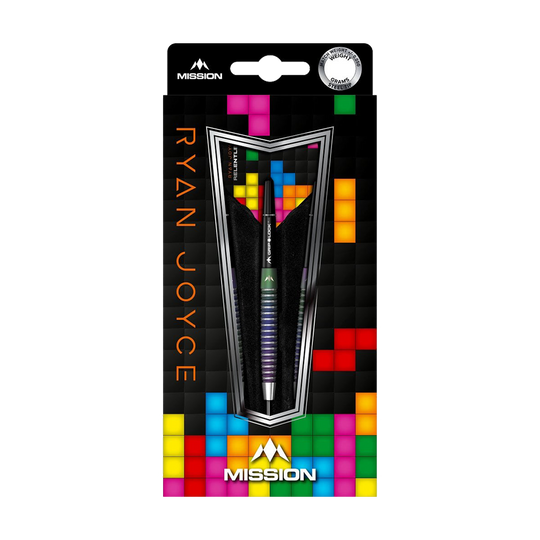 M001074_Mission_Ryan_Joyce_Relentless_Steeldarts_3 Das Bild zeigt die Mission Ryan Joyce Relentless Steeldarts in ihrer Verpackung. Die Verpackung ist bunt gestaltet und hebt den Namen des Produkts deutlich hervor.