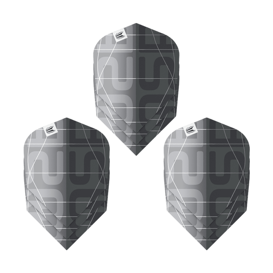 Ailettes Target Pro Ultra Aspinall X Echo No6 - 3 jeux Das Bild zeigt drei Sätze der Target Pro Ultra Aspinall X Echo No6 Flights. Die Flights sind in einem modernen Schwarz-Grau-Design mit geometrischem Muster gehalten.