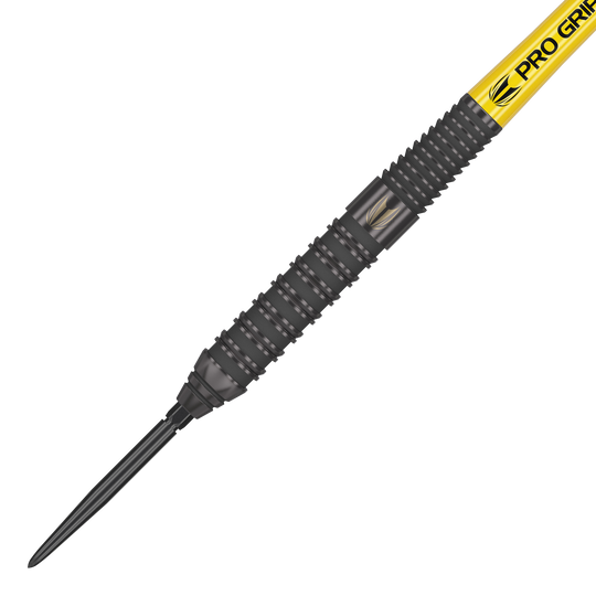 Fléchettes en acier Target Bolide Void 02 Swiss Point Das Bild zeigt den Target Bolide Void 02 Swiss Point Steeldart. Der Dart hat ein schwarzes Griffstück mit feinen Rillen und einer gelben „Pro Grip“-Beschriftung am Schaft.
