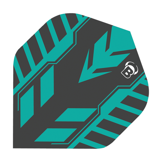 Vols standard Bulls B-Star Veco n°2 Das Bild zeigt ein Dart-Flight des Modells "Bulls B-Star Veco No2 Standard Flights". Das Flight hat ein modernes Design in Schwarz und Türkis mit einem auffälligen Muster und einem kleinen weißen "B"-Logo.