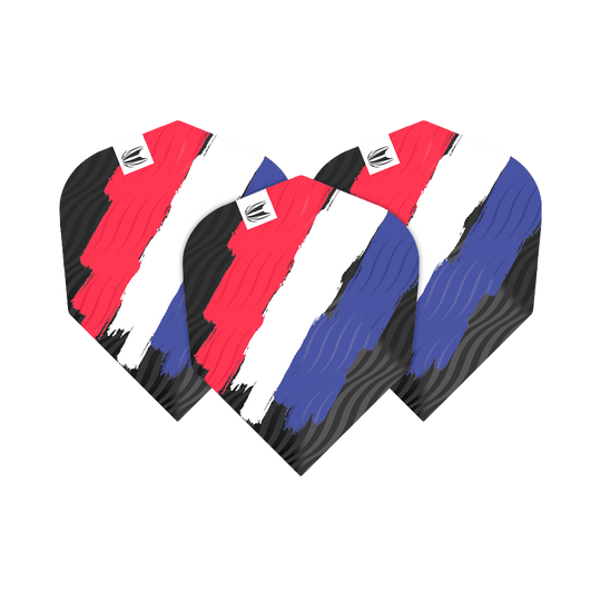 Das Bild zeigt drei Dart-Flights mit einem Muster in den Farben Rot, Weiß und Blau, das an die niederländische Flagge erinnert. Die Flights gehören zum Produkt "Target ProUltra Flag Holland No6 Flights".