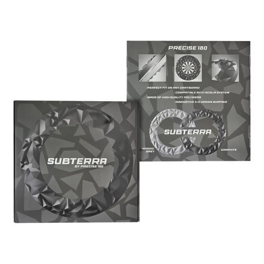 Das Bild zeigt das Precise 180 3D Dartboard Surround Subterra in Graphit. Es handelt sich um ein modernes Dartboard-Zubehör für den professionellen Einsatz.