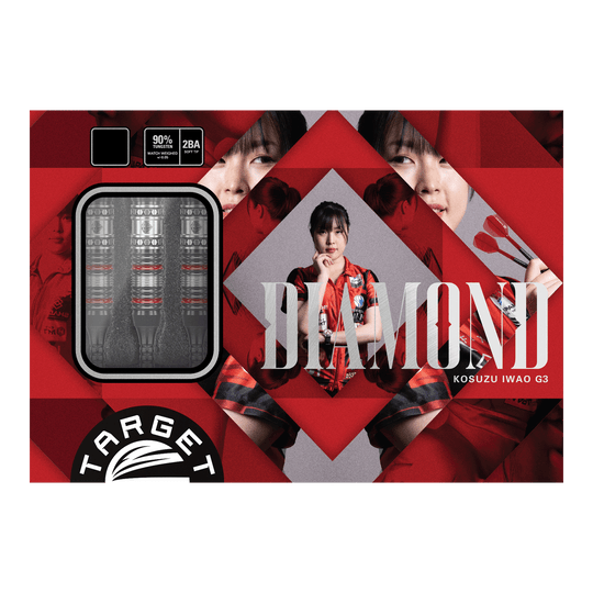 Die Abbildung zeigt das Produkt "Target Japan Prime Series Diamond GEN3 Softdarts - 18g". Auf der Verpackung sind die Darts selbst sowie ein Porträt einer Frau und das Wort "DIAMOND" zu sehen.