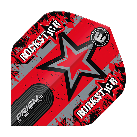 6915-319_Winmau_Prism_Zeta_Joe_Cullen_Star_Standard_Flights_1sa5zk396VgBsJ Das Bild zeigt ein Dartflight mit einem auffälligen roten Stern-Design und dem Schriftzug "ROCKSTAR". Unten links steht "PRISM ZETA" in weißer Schrift auf einem schwarzen Hintergrund.