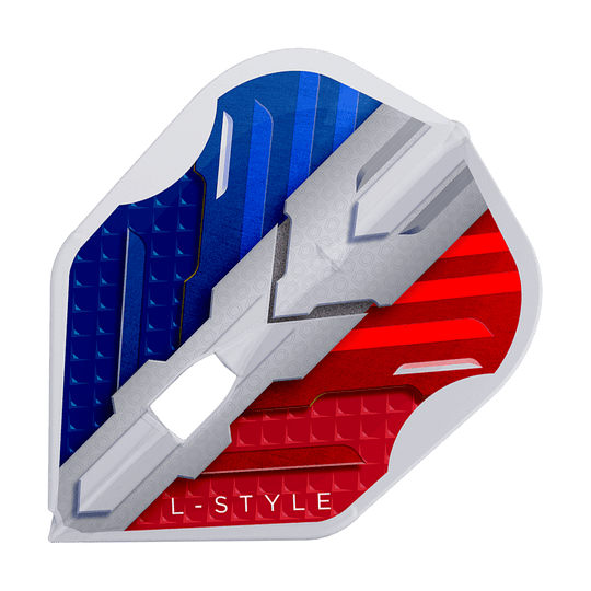 Das Bild zeigt das Produkt "L-Style V-Series V1 Type B France Clear White L3PRO Flights". Die Dart-Flight ist in den Farben Blau, Weiß und Rot gestaltet und trägt die Aufschrift "L-STYLE".