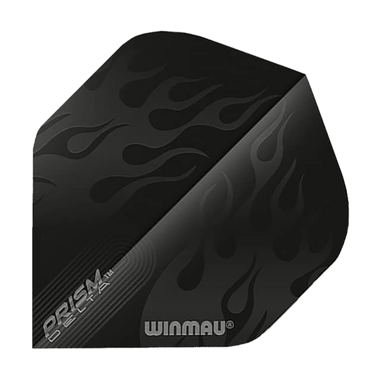 Das Bild zeigt ein Winmau Prism Delta 6915.202 Standard Flight. Das Flight ist schwarz und mit einem Flammenmuster sowie den Aufschriften "PRISM DELTA" und "WINMAU" bedruckt.
