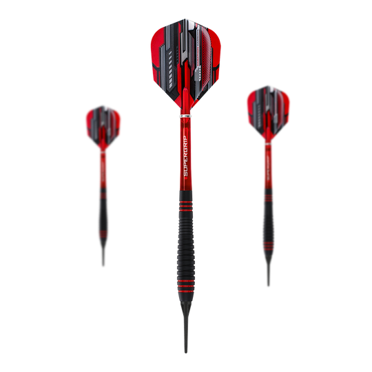 Fléchettes souples Harrows ACE à poignée en caoutchouc Auf dem Bild sind drei Harrows ACE Rubber Grip Softdarts zu sehen. Die Pfeile haben rote Flights mit schwarzem und silbernem Muster sowie schwarze Griffe mit roten Akzenten.