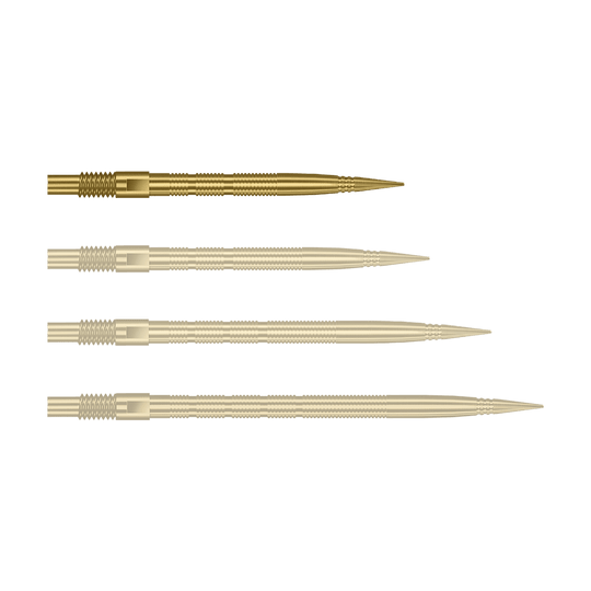 Pointes de fléchettes Harrows Quick Point Micro Ridge - Or Abgebildet sind goldene MicroRidge Dartspitzen mit einer Länge von 26 mm. Das Produkt ist vermutlich von Harrows, Modell Quick Point.