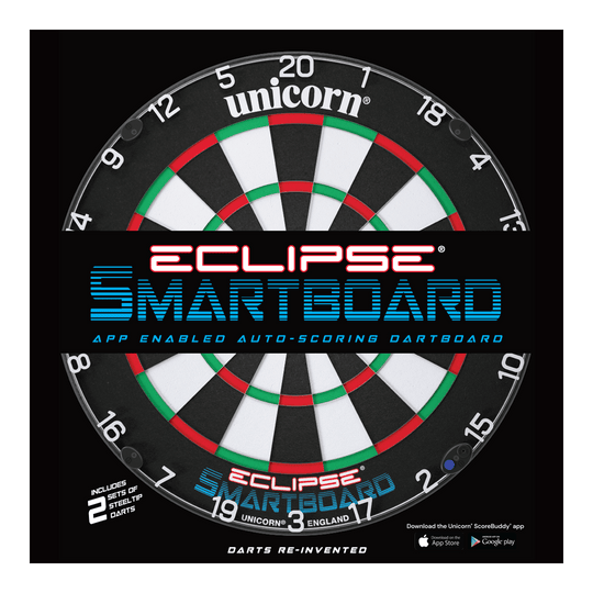 Cible de fléchettes en acier Unicorn Eclipse Smartboard Das Bild zeigt das Produkt "Unicorn Eclipse Smartboard Steeldartboard". Es handelt sich um eine App-unterstützte Steeldart-Scheibe mit automatischer Punkteauswertung.