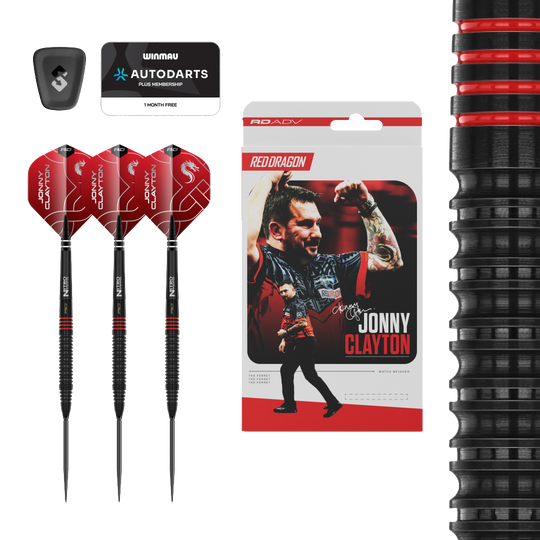 Fléchettes en acier Red Dragon Jonny Clayton RD-ADV Switch Point Abgebildet ist ein Set Red Dragon Jonny Clayton RD-ADV Switch Point Steeldarts. Die Darts sind deutlich zu erkennen und die Beschriftung ist lesbar.