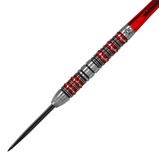 Fléchettes en acier Damon Heta Series 3 de Harrow Das Bild zeigt einen Harrows Damon Heta Series 3 Steeldart. Der Dartpfeil hat ein silbernes Barrel mit roten und schwarzen Akzenten.