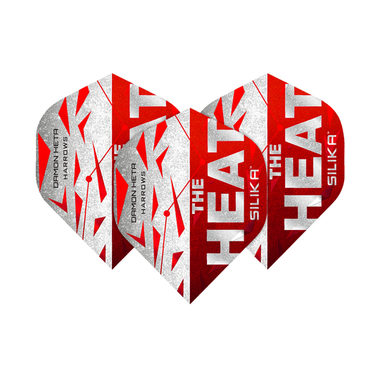 Das Bild zeigt drei Dart-Flights der Serie "Harrows Silika Damon Heta Series 3". Die Flights sind in Rot, Weiß und Silber gestaltet und tragen die Aufschrift "THE HEAT" sowie "SILIKA".