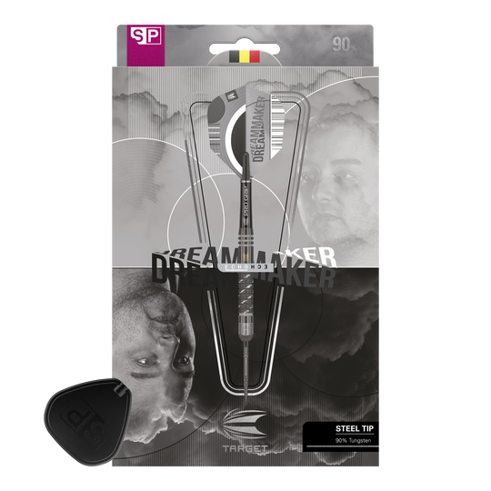 Fléchettes en acier Target Dimitri Van Den Bergh X Echo Swiss Point Das Bild zeigt die Verpackung der "Target Dimitri Van Den Bergh X Echo Swiss Point Steeldarts". Auf der Verpackung sind das Dart-Set sowie Porträts von Dimitri Van Den Bergh abgebildet.