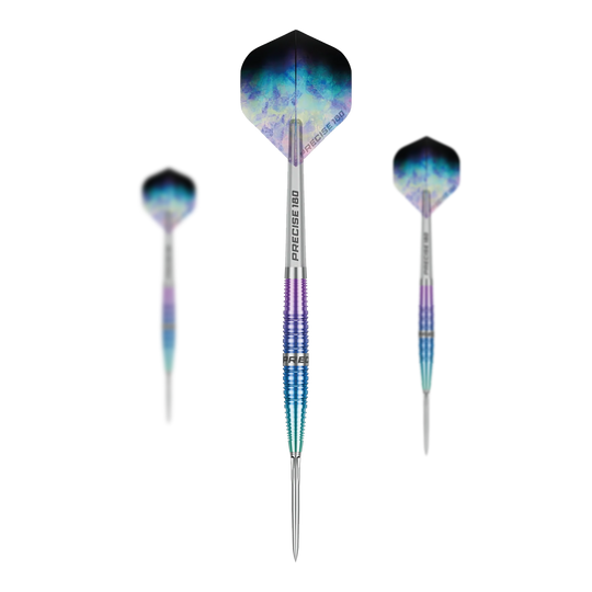 Fléchettes en acier Precise 180 Northern Lights Die Precise 180 Northern Lights Steeldarts sind als Set dargestellt. Mehrere Dartpfeile sind gemeinsam angeordnet.