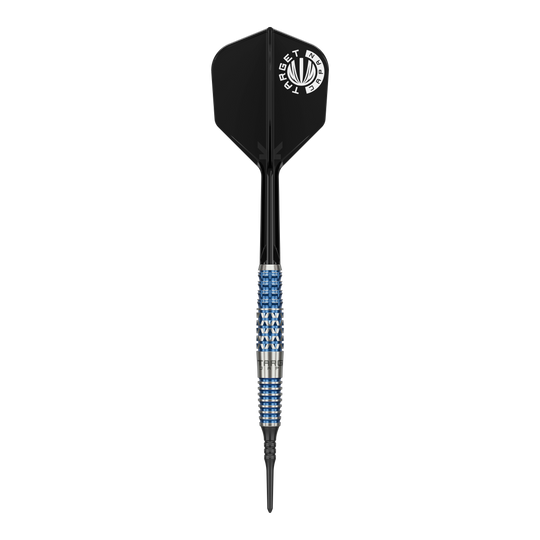 Fléchettes souples Target Japan Toru Suzuki Sereno GEN2 - 20 g Das Bild zeigt einen Softdart der Marke Target Japan, Modell Toru Suzuki Sereno GEN2 mit 20g Gewicht. Der Dart hat ein auffälliges Design mit einem schwarz-blauen Griff und schwarzer Flight mit weißem Logo.