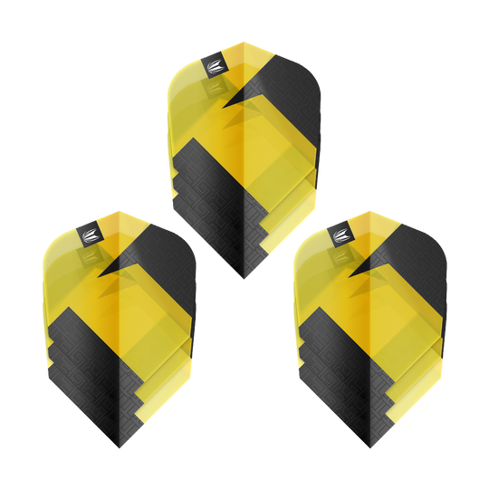 Ailettes standard Target Pro Ultra TAG jaunes Ten-X - 3 jeux Das Bild zeigt drei gelb-schwarze Dart-Flights des Produkts "Target Pro Ultra TAG Gelb Ten-X Standard Flights". Die Flights haben ein modernes, geometrisches Design und werden als 3er-Set angeboten.