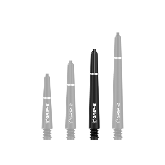 BS55061_Bulls_B-Grip-2_SL_Shafts_Schwarz_41mm_13y4LOTm7cNoKI Das Bild zeigt vier schwarze Bulls B-Grip-2 SL Shafts in unterschiedlichen Längen. Sie sind nebeneinander aufgereiht und haben jeweils einen weißen Schriftzug.