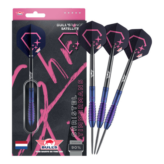 Dieses Bild zeigt die Bulls NL Christel Timmermans Satellite 90 Steeldarts 25g in voller Ansicht. Sie sind ideal für das professionelle Dartspiel geeignet.