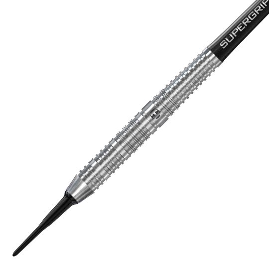 Fléchettes souples parallèles Harrows NX90 Das Bild zeigt einen Harrows NX90 Parallel Softdart mit silbernem, geriffelten Barrel. Die Spitze ist schwarz und der Schaft trägt die Aufschrift "SUPERGRIP".