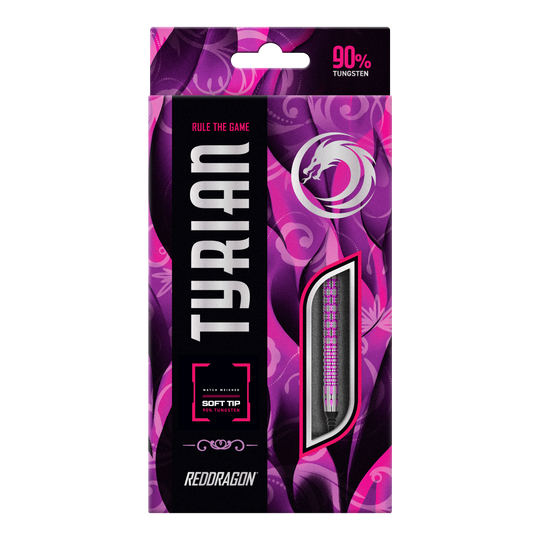 Fléchettes souples Red Dragon Tyrian - 22 g Die Abbildung zeigt die Verpackung der "Red Dragon Tyrian Softdarts - 22g". Die Schachtel ist lila und pink gestaltet und hebt hervor, dass die Darts zu 90 % aus Wolfram bestehen.