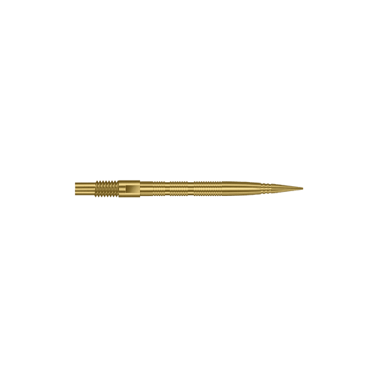 Pointes de fléchettes Harrows Quick Point Micro Ridge - Or Das Bild zeigt goldene MicroRidge Dartspitzen in 26 mm Länge. Die Dartspitzen gehören wahrscheinlich zur Quick Point Serie von Harrows.