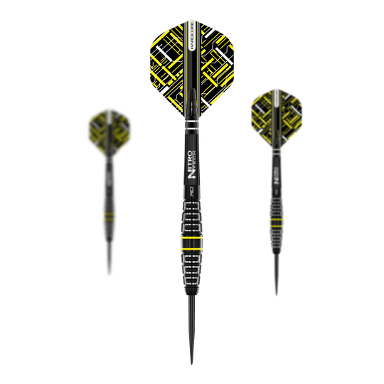 Fléchettes en acier Red Dragon Astraeus Q4X Torpedo Das Bild zeigt drei Steeldarts des Modells "Red Dragon Astraeus Q4X Torpedo". Die Darts sind schwarz mit gelben Akzenten und haben auffällig gemusterte Flights.
